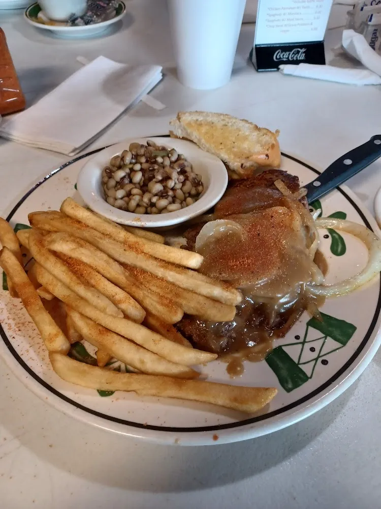 Chopped Steak with Fries and Field Peas
