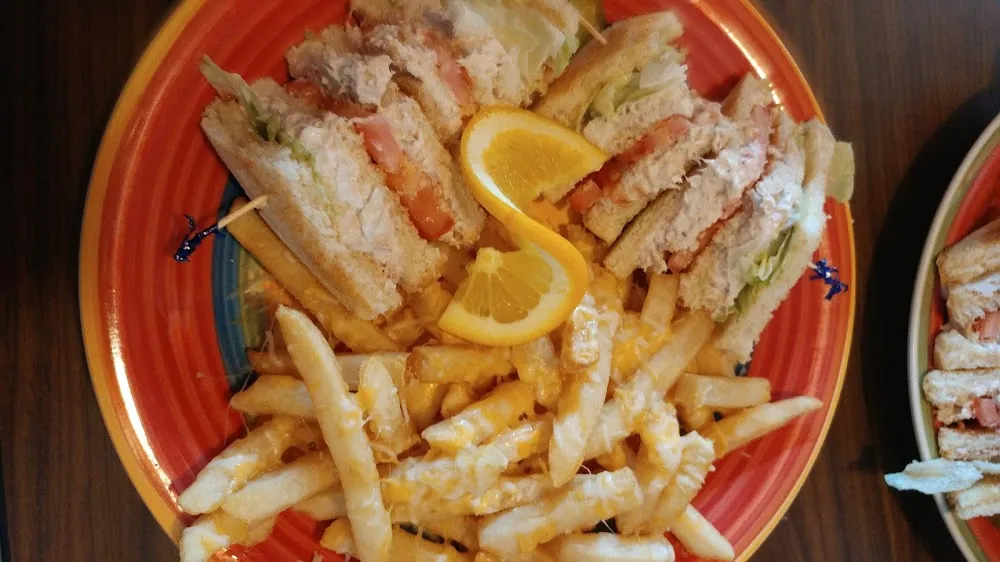 Tuna Club Sandwich and Fries Loaded with Cheese